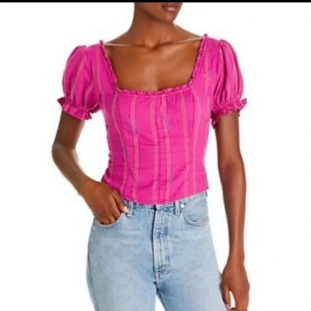 Free People Serotonin Corset Smocked Puff Sleeve Pink